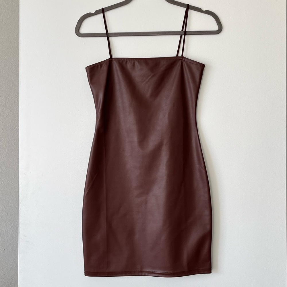 PrettyLittleThing Chocolate Brown Spaghetti Strap PU Bodycon Dress